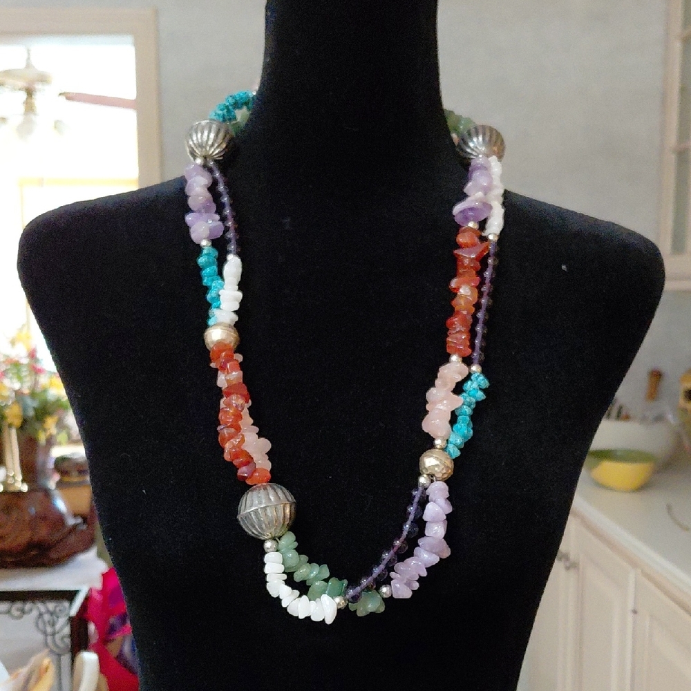 Colorful Gemstone Necklace with Silver Accents 32in long Amethyst, Jade, amber..
